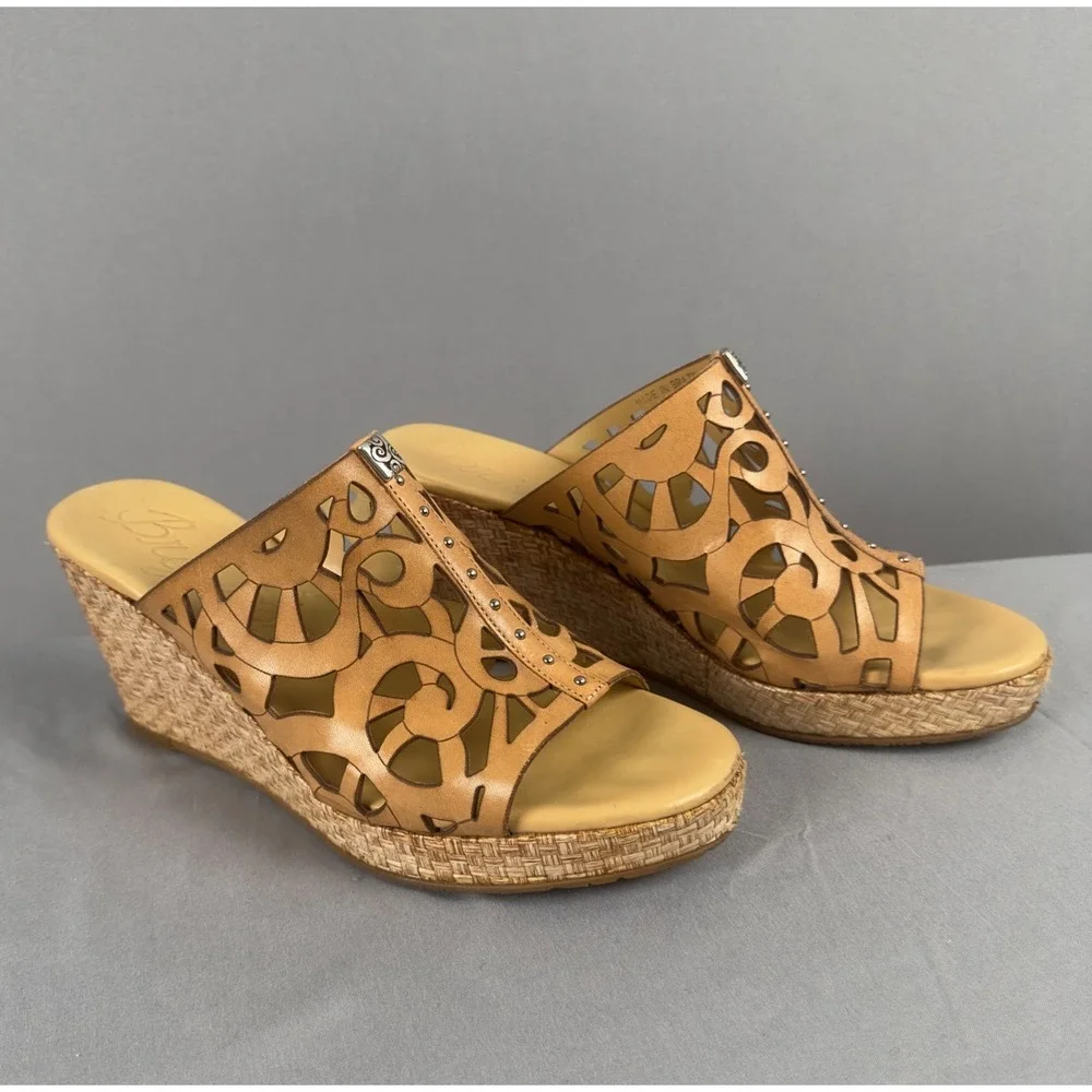 Brighton Daria Wedge Sandals 8M Brown Leather Cutout Espadrille Slides‎